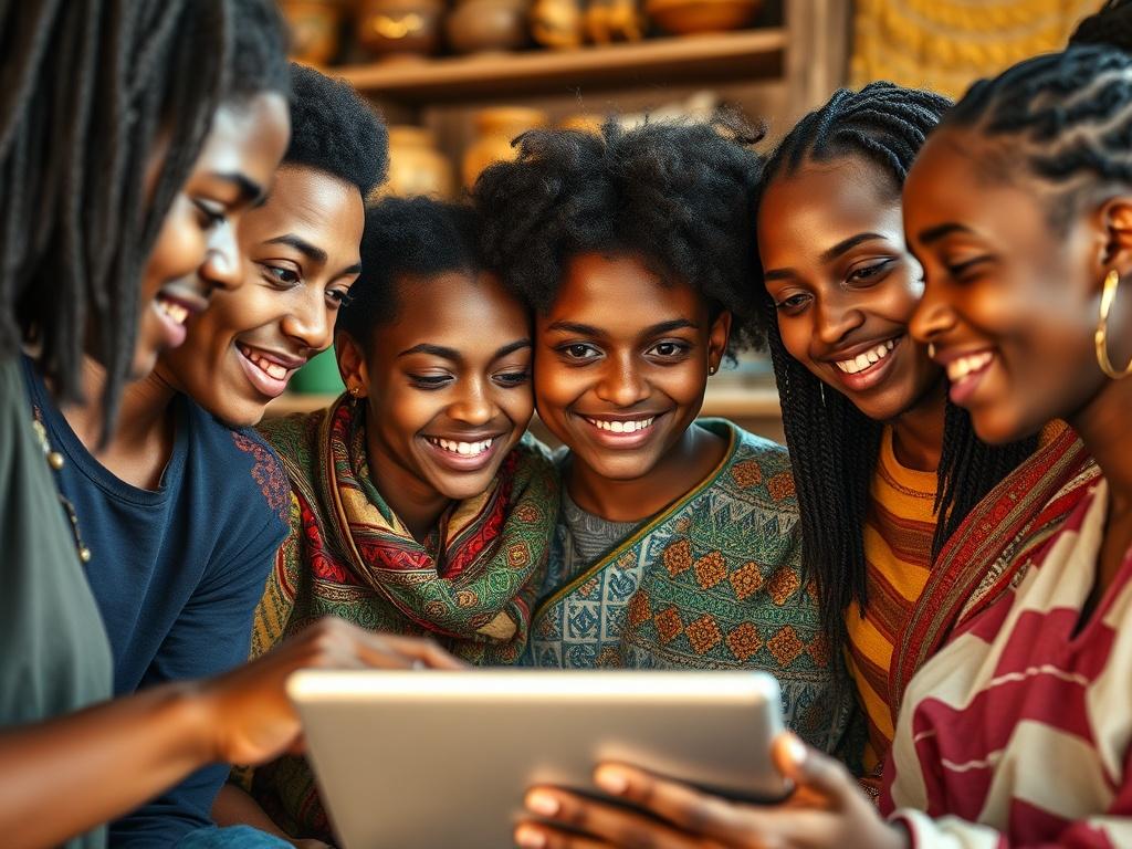 **AI Image Generation Prompt:**

Create a realistic high-resolution photo that captures the essence of engaging youth in ancient traditions through digital storytelling methods. The image should feature a close-up of a diverse group of young adults, aged 18-25, gathered around a laptop or tablet, visibly engaged and animated in conversation. Their expressions should reflect curiosity, excitement, and connection, symbolizing the fusion of modern technology with ancient wisdom.

In the background, include sub