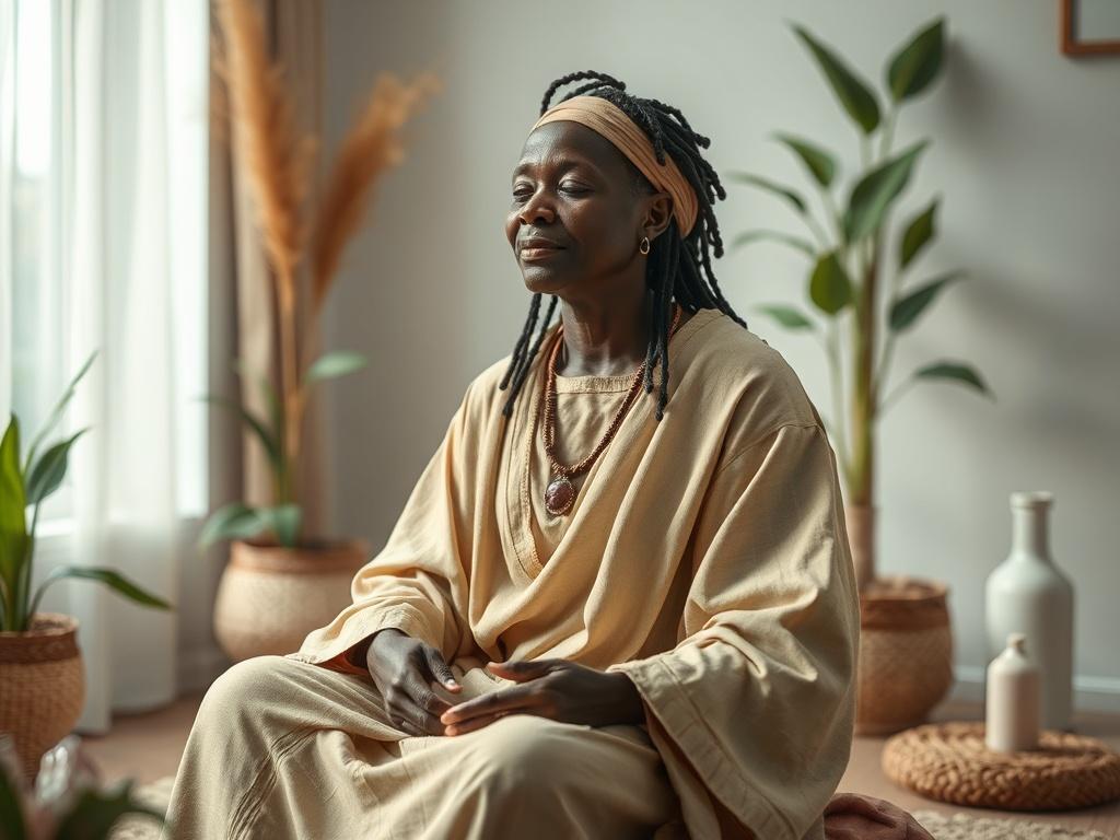 **AI Image Generation Prompt:**

Create a realistic high-resolution photo that encapsulates the essence of a blog titled "The Quantum Spirituality Trend: Science or Spiritual Bypassing?" The composition should be simple and clear, featuring a single subject positioned centrally. The subject is a wise, contemplative African healer seated in a serene, minimalist indoor setting, perhaps in a cozy corner of a sunlit room adorned with subtle, natural decor such as plants and crystals that evoke a sense of calm a