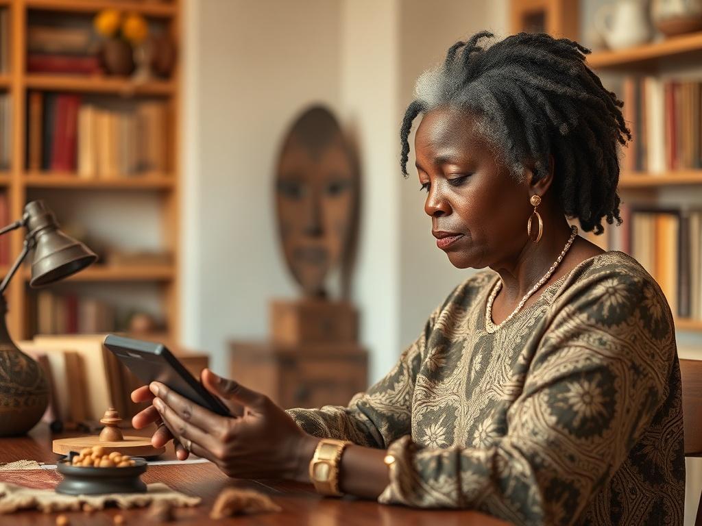 **AI Image Generation Prompt:**

Create a highly realistic, high-resolution photo that captures the essence of the challenge of digital cultural preservation. The composition should be simple and clear, featuring a focused subject that embodies both tradition and modernity. 

**Subject Matter:** A thoughtful, middle-aged African woman, seated at a beautifully crafted wooden desk strewn with tangible cultural artifacts such as traditional fabric, a ceremonial mask, and an old photograph. She is carefully sca
