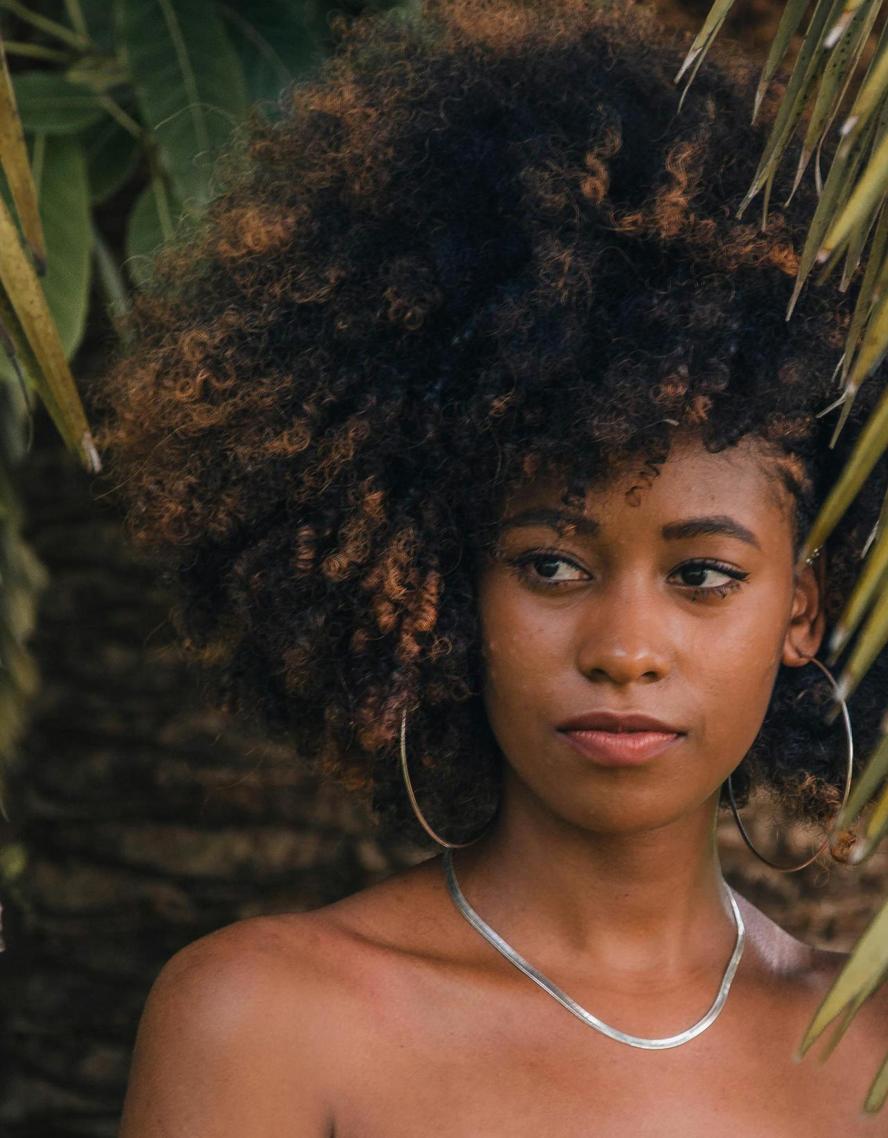 Stunning portrait of a woman with a voluminous afro hairstyle in a natural outdoor setting.