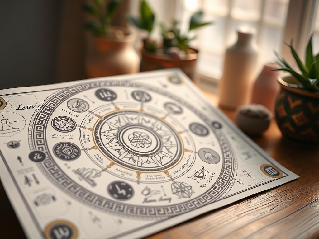A close-up shot of a beautifully designed spiritual chart, featuring intricate symbols and patterns that represent various aspects of one's spiritual journey. The chart should be displayed on a wooden table, with soft, natural lighting illuminating the details. In the background, there should be subtle hints of plants or crystals, creating a serene and inviting atmosphere. The image should be hyper-realistic, capturing the texture and colors of the chart, and should align with the primary color #062767.