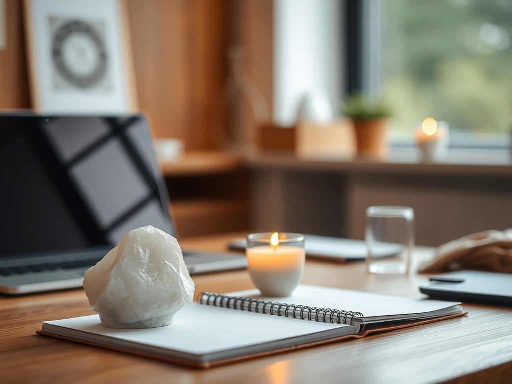 **AI Image Generation Prompt:**

Create a realistic high-resolution photo that embodies the concept of "Corporate Spiritual Hygiene: Keeping the Workspace ‘Clean’ in a World of AI." The composition should be simple and clear, featuring a single subject—a serene, well-organized office space that integrates elements of spirituality and wellness. The subject should be a modern desk adorned with a white crystal, a small potted sage plant, and a glowing candle, implying a peaceful yet productive environment.

Th