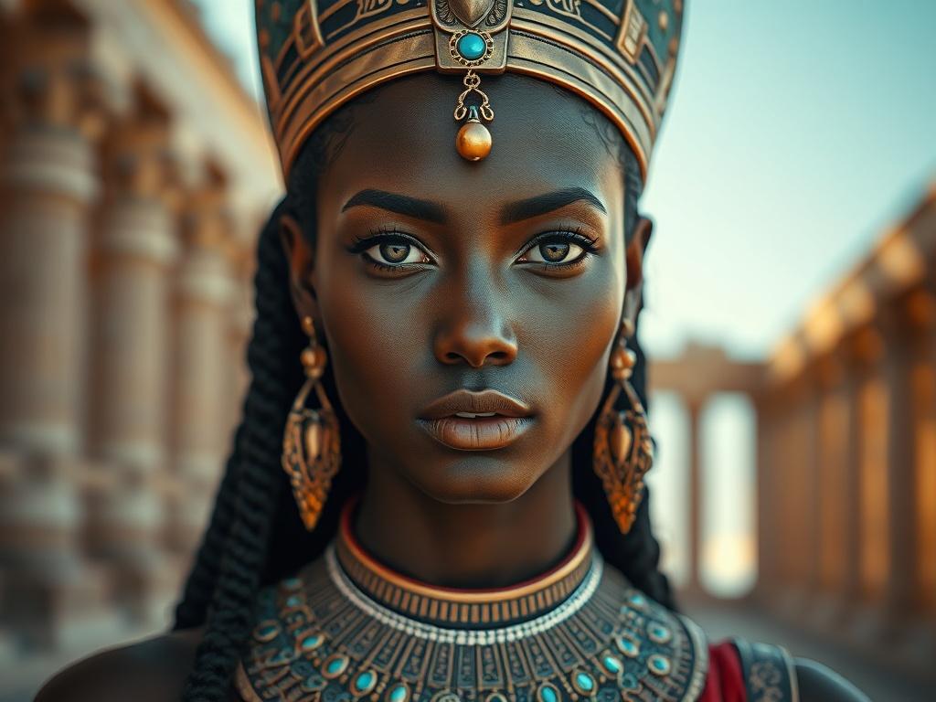 **AI Image Generation Prompt:**

Create a highly detailed, realistic high-resolution photo that visually encapsulates the essence of spiritual empowerment through the lens of ancient Egyptian mythology. The central focus of the image should be a serene, confident woman embodying the goddess Menhit. She is depicted with rich, dark skin, wearing traditional jewelry and clothing that reflect the cultural heritage of ancient Egypt, including a beautifully designed collar and ornate headpiece. Her expression sho