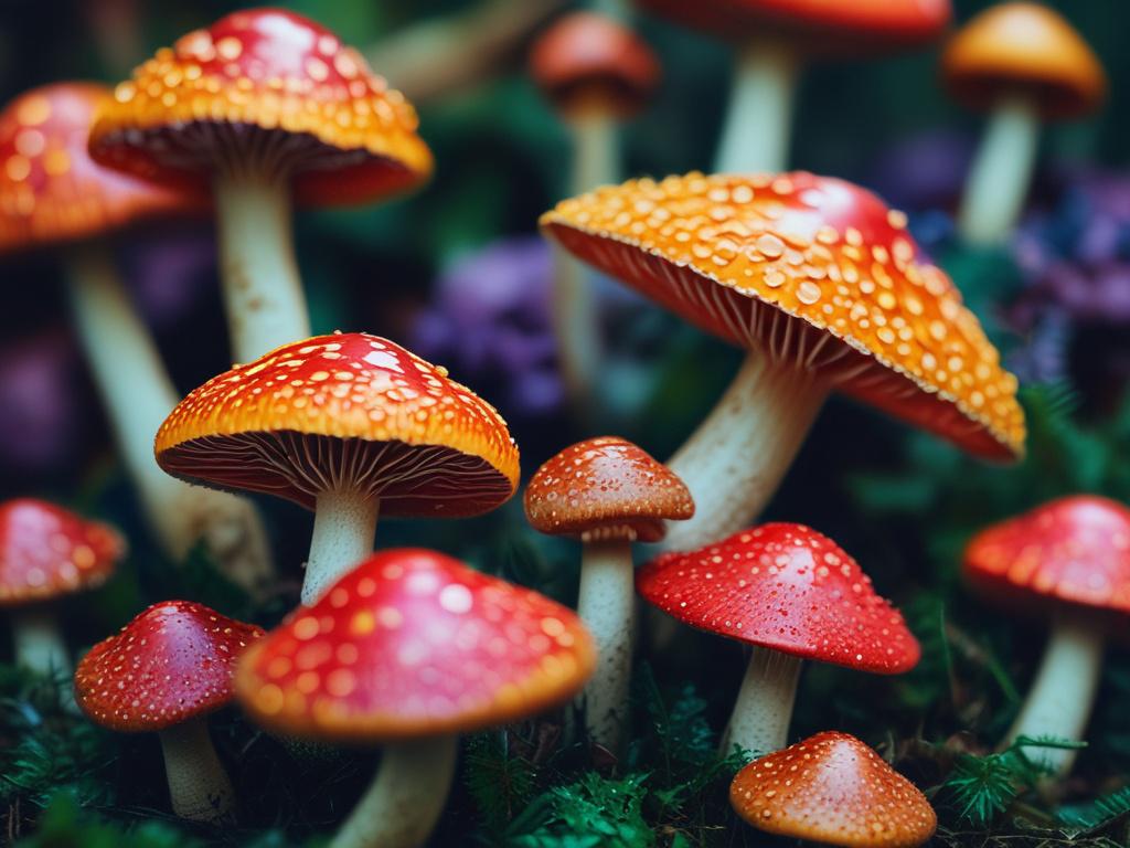 A hyper-realistic close-up shot of vibrant psychedelic mushrooms, showcasing their intricate textures and colors. The mushrooms should be the sole subject in the image, set against a soft, blurred background that complements the #062767 primary color. The lighting should be warm and inviting, highlighting the unique features of the mushrooms. The composition should be simple and clear, allowing the viewer to appreciate the beauty and intricacy of these natural wonders.