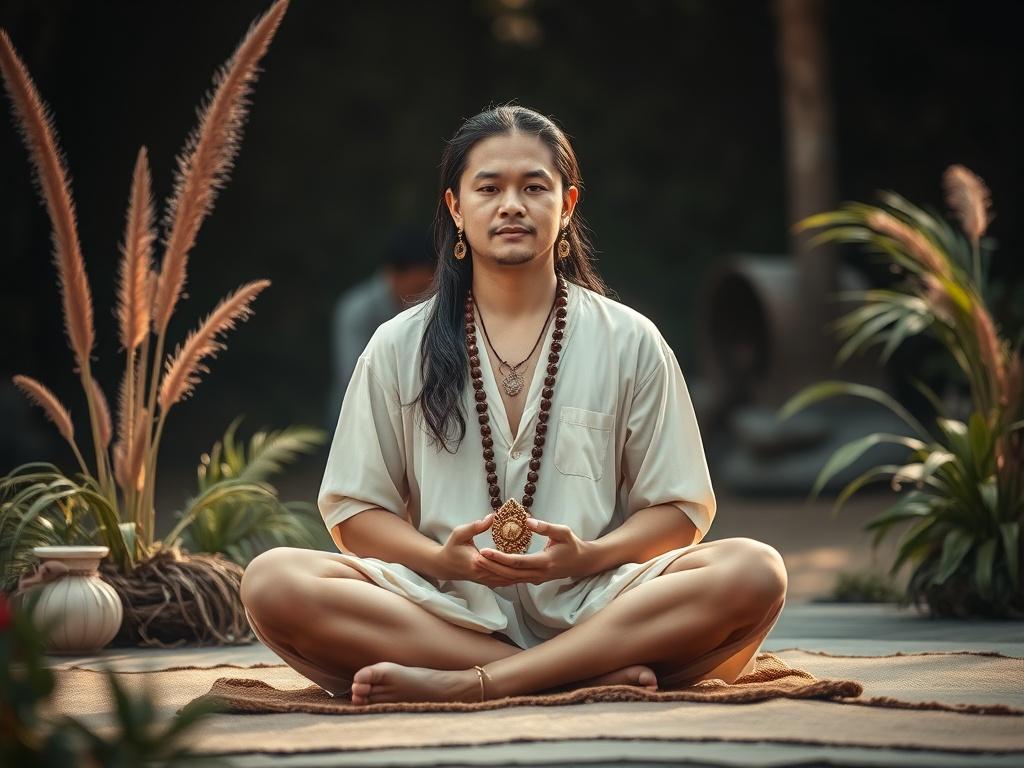 A serene, high-resolution image of a spiritual practitioner sitting cross-legged in a tranquil setting, surrounded by natural elements like plants and soft lighting, reflecting a deep connection to ancestral wisdom. The practitioner is holding sacred objects, symbolizing a connection to the spiritual realm, with a calm and focused expression. The background is softly blurred, emphasizing the practitioner's presence.