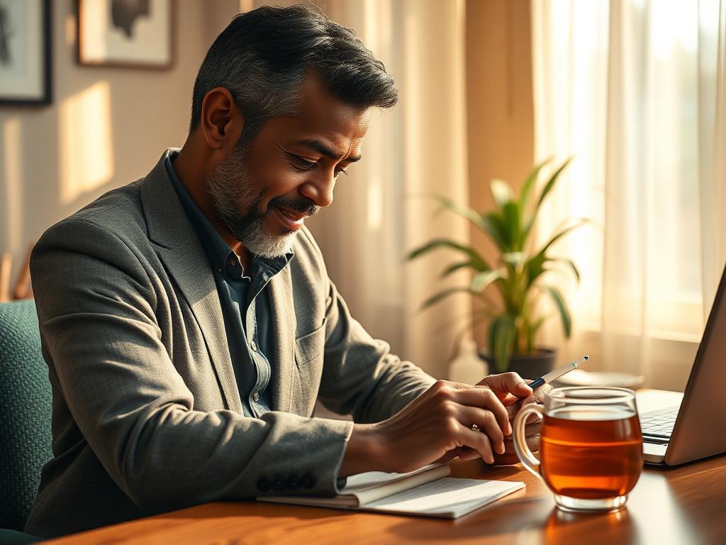 **AI Image Generation Prompt:**

Create a realistic high-resolution photo that encapsulates the essence of life coaching and personal growth, aligning with the blog titled "5 Common Life Coaching Mistakes (And How to Avoid Them)". The composition should be simple and clear, featuring a single subject: a thoughtful life coach seated at a cozy desk in a warmly lit, inviting office space. 

The coach, a middle-aged individual of African descent, embodies a sense of calm authority and compassion. Dressed in sma