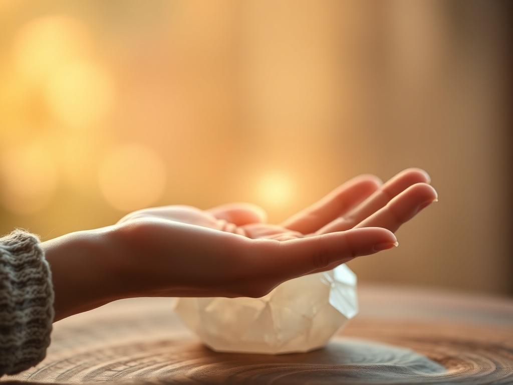 A close-up shot of a serene hand positioned over a crystal, symbolizing healing energy. The background is softly blurred, showcasing gentle, warm light that evokes a sense of calm and tranquility. The focus is on the hand and crystal, capturing the essence of Reiki healing in a peaceful and inviting manner.