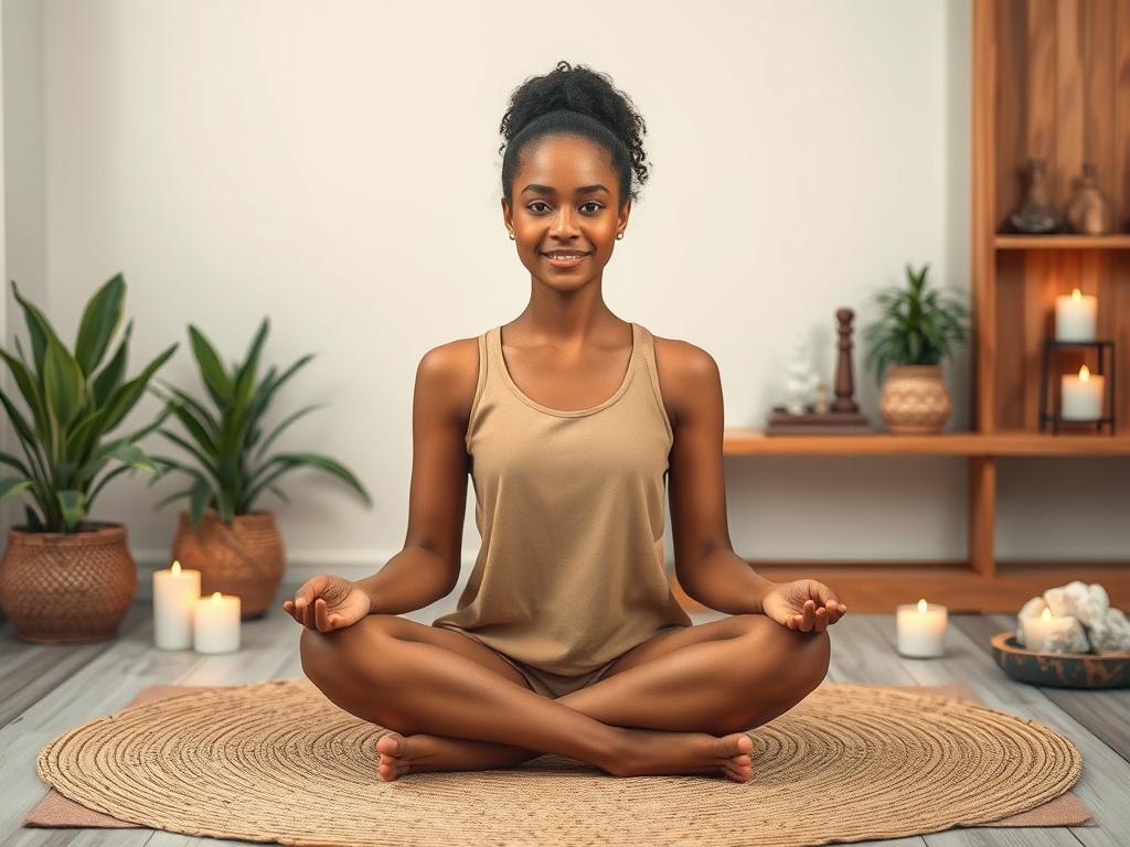 Create a realistic, high-resolution photo featuring a serene, calm environment that embodies the essence of Reiki energy healing. The composition should be simple and clear, focusing on a single subject: a diverse individual in a meditative pose, seated cross-legged on a soft, natural fiber mat. The subject should radiate tranquility and warmth, with soft, gentle light illuminating their face.

In the background, place subtle elements that suggest a healing space, such as soft green plants, candles with fli