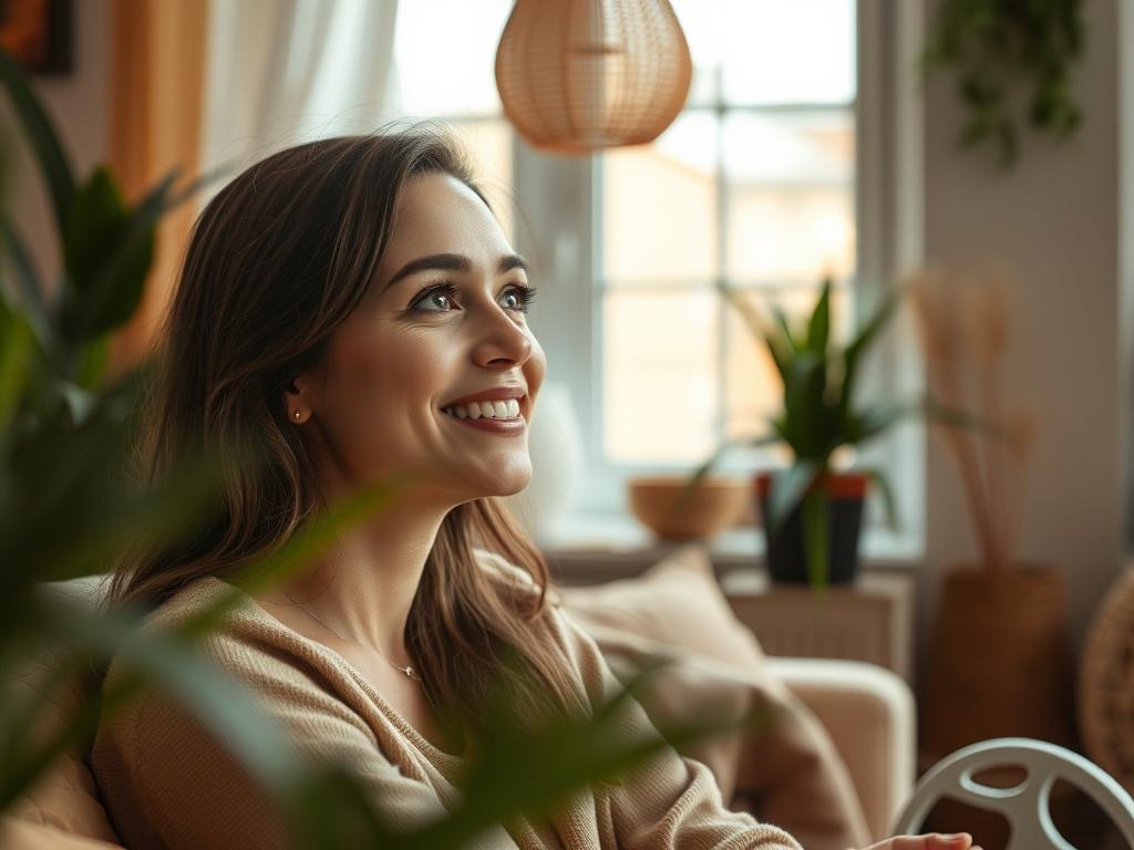 A close-up portrait of a woman with a serene expression, sitting comfortably in a cozy, well-lit room. She gazes thoughtfully toward the window, surrounded by plants and soft textiles, symbolizing peace and authenticity. The background features warm, inviting colors that evoke feelings of comfort, and the focus is on her genuine smile, reflecting a sense of self-discovery and empowerment. The image is shot with a 45mm f/1.2 lens to create a soft bokeh effect, emphasizing the subject.