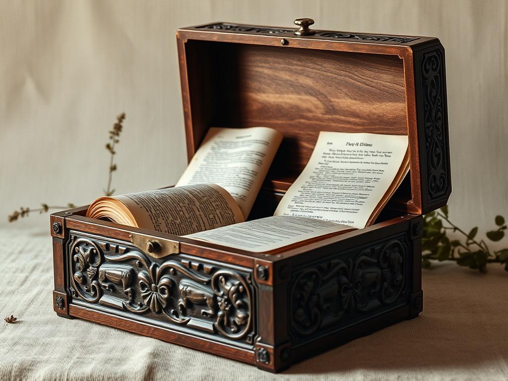 **AI Image Generation Prompt:**

Create a realistic high-resolution photo that embodies the essence of a digital archive platform for sacred knowledge. The focal point of the image should be a beautifully crafted wooden archive box, open to reveal an array of ancient texts, scrolls, and beautifully illustrated manuscripts. The box should be positioned against a softly lit, neutral-toned background that enhances its richness and detail without distraction.

The composition should be simple and clear, with th