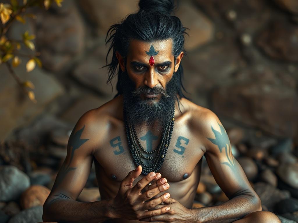 Create a hyper-realistic close-up shot of a meditative figure seated in a serene environment, embodying the essence of the Aghori tradition. The figure should have a calm yet intense expression, with intricate spiritual symbols painted on their skin. The background should be softly blurred, featuring earthy tones and natural elements like stones and leaves to create a tranquil atmosphere. The focus should be on the figure's face and hands, emphasizing a connection to the spiritual realm. The image should ev