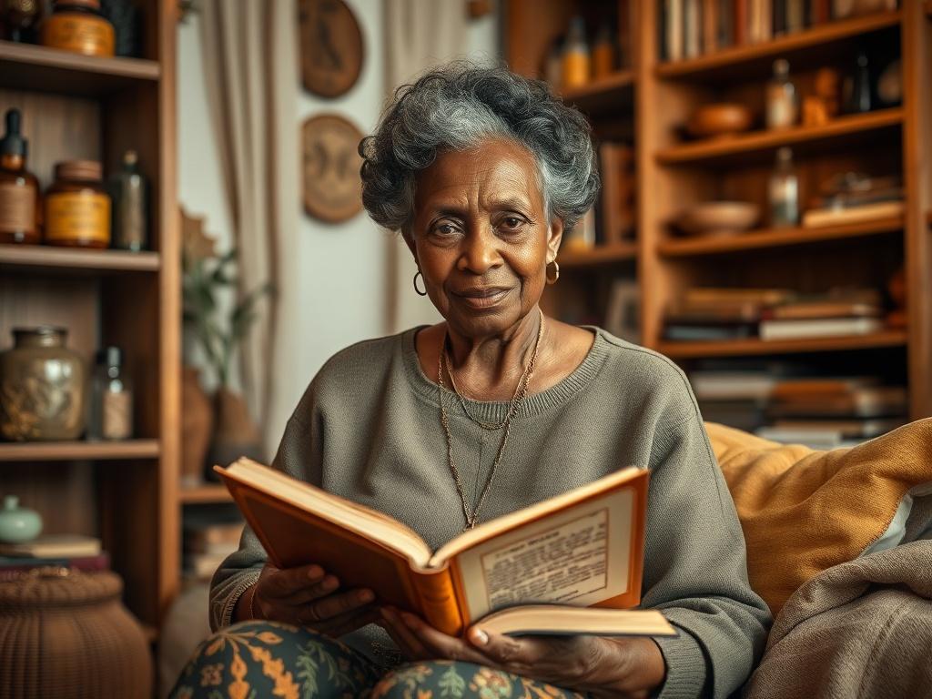 **AI Image Generation Prompt:**

Create a realistic, high-resolution photograph that encapsulates the theme of "Community Archives vs. Commercial Platforms: Which Is Better for Your Sacred Stories?" The image should feature a solitary, wise-looking elder woman of African descent, seated in a warm, inviting, softly lit room that reflects a blend of tradition and modernity. This room should include shelves filled with diverse spiritual artifacts, books, and herbal remedies, symbolizing the rich history of col