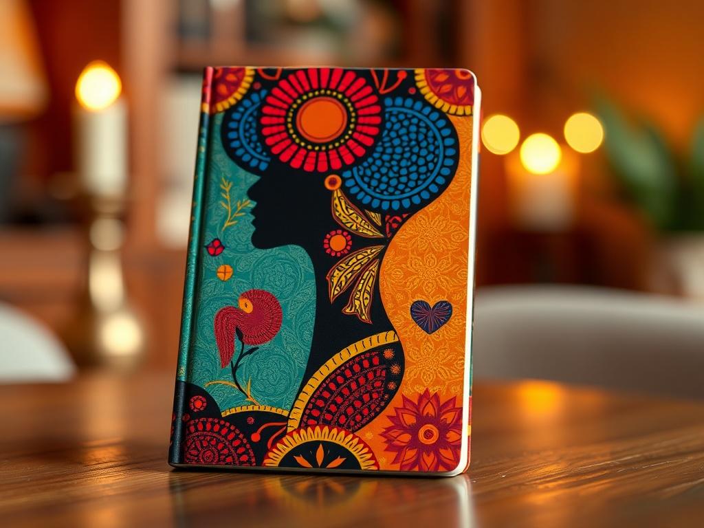 A hyper-realistic close-up shot of a beautifully designed e-book cover featuring vivid colors and intricate patterns inspired by African art. The background is softly blurred to emphasize the cover, with warm lighting creating an inviting atmosphere. The image captures the essence of spiritual empowerment and transformation, showcasing the e-book as a valuable resource for personal growth.