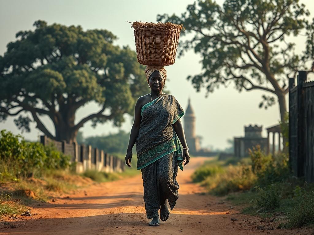 **AI Image Generation Prompt:**

Create a high-resolution, realistic photograph that visually captures the essence of the blog titled "Walking the Badagry Slave Route: History, Memory, and Ancestral Reckoning." The image should feature a solitary figure walking along a dusty path that symbolically represents the historical Badagry Slave Route. The subject is a middle-aged African woman dressed in traditional attire, embodying grace and resilience. She carries a woven basket on her head, symbolizing cultural