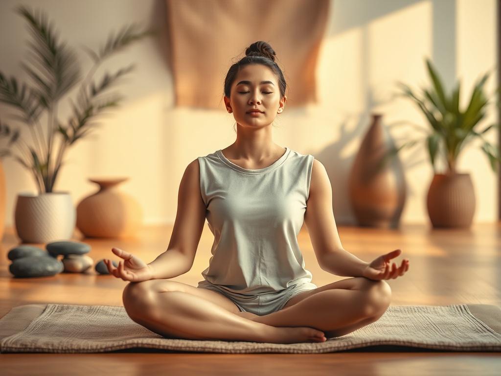A serene and inviting scene depicting a person sitting cross-legged on a soft mat, eyes gently closed in meditation. The background features a softly lit room with warm colors, incorporating natural elements like plants and stones. The focus is on the person, who exudes calmness and tranquility. The composition is simple and clear, emphasizing the meditative state. The lighting should create a soothing atmosphere, highlighting the peaceful expression on the person's face, with warm tones that harmonize with
