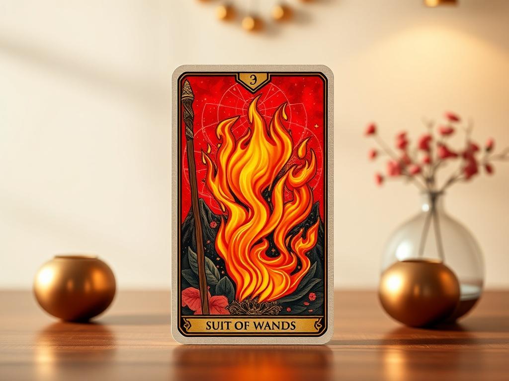 **AI Image Generation Prompt:** 

Create a realistic, high-resolution image of a single tarot card from the Suit of Wands. The card should prominently feature vibrant imagery that symbolizes the elements of action, passion, and creative power, depicted through rich colors like fiery reds, oranges, and yellows to represent the fire element. The design should include essential symbols associated with the Suit of Wands, such as wands, flames, or creative motifs, captured in exquisite detail.

Compose the scene