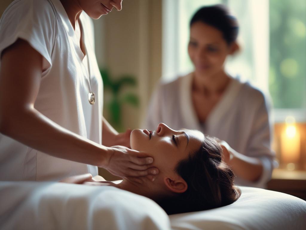 An energetic healing session in progress, featuring a practitioner gently guiding energy over a relaxed client. The setting is tranquil, with soft lighting and calming decor. The focus is on the practitioner’s hands and the serene expression of the client, illustrating the healing process.
