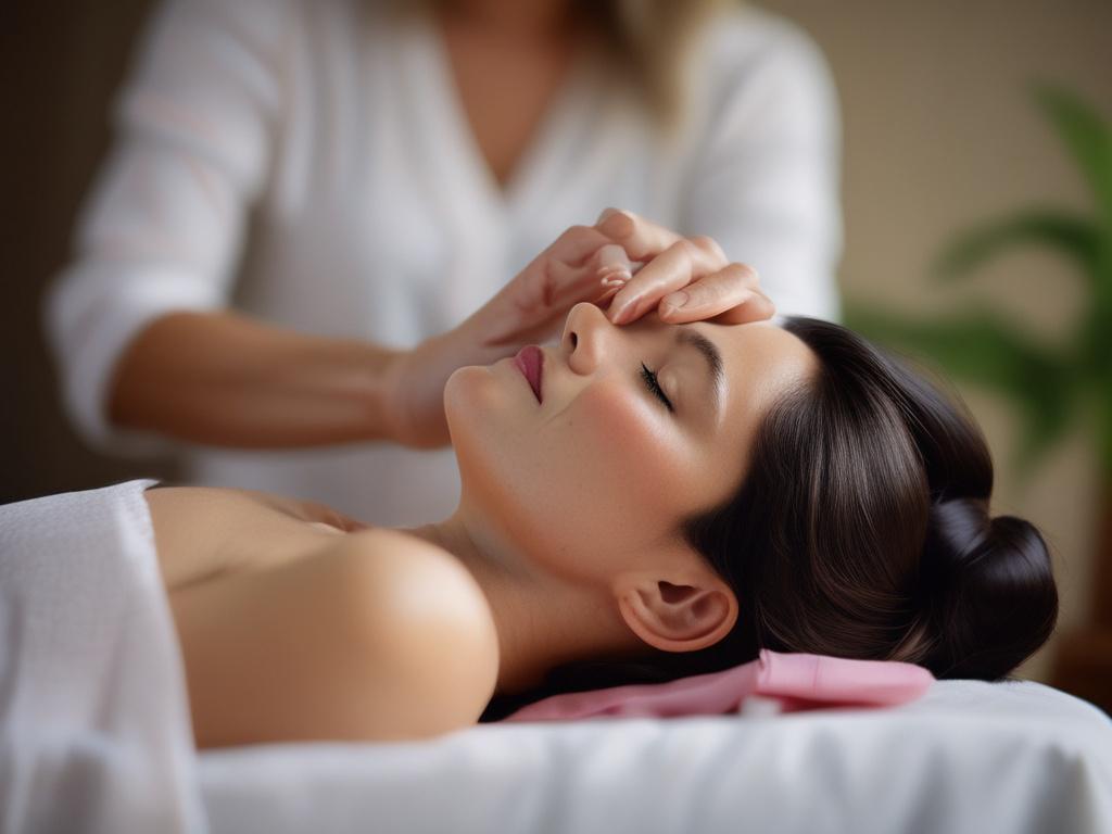 A serene practitioner performing Reiki on a client in a calming environment, with soft lighting and soothing decor. The focus is on the gentle touch and energy flow, capturing a moment of healing and tranquility. The background is softly blurred to emphasize the connection between the practitioner and client, enhancing the sense of peace.