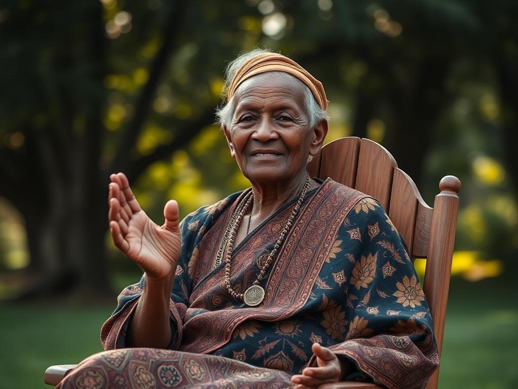 **AI Image Generation Prompt:**

Create a realistic high-resolution photograph that visually embodies the theme of the blog titled "Are Traditional Oral Histories Dead? Why Digital Archives Are Actually Bringing Ancestral Voices Back to Life." 

**Composition Details:**
- The image should feature a single, striking subject: an elderly African storyteller, sitting gracefully on a wooden chair in a serene outdoor setting. 
- The storyteller should display a warm, wise expression, conveying a deep connection t