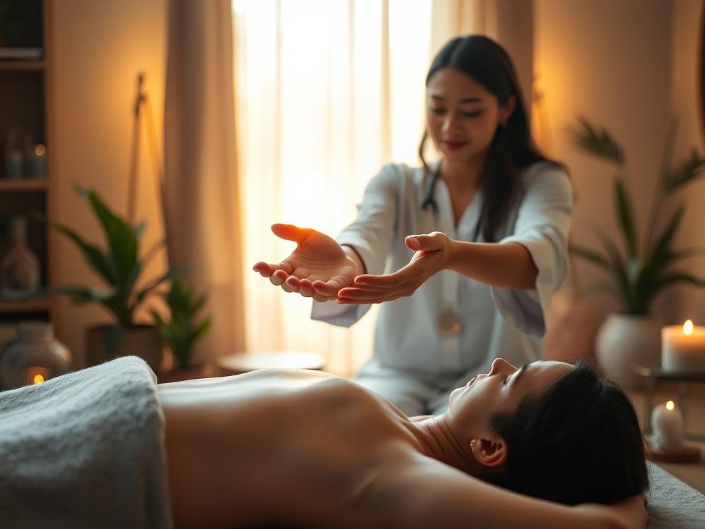 A tranquil healing space featuring a serene practitioner gently guiding a client through a Karuna Ki session. The background is softly illuminated with warm, inviting light, creating a peaceful atmosphere. The focus is on the practitioner's hands, radiating gentle energy towards the client, who is relaxed and receptive. The surrounding decor includes soothing elements like plants and crystals, enhancing the sense of calm and healing. The image should evoke a sense of compassion and tranquility, embodying th