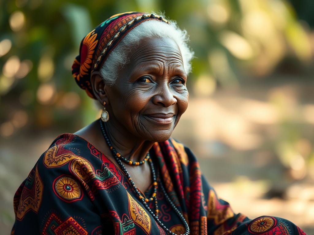 **Image Generation Prompt:**

Create a hyper-realistic, high-resolution portrait of an elder African woman sitting gracefully in a serene, natural setting. She should exude wisdom and tranquility, with deep, expressive eyes that reflect a lifetime of experience and an understanding of ancient traditions. Her attire should be rich in color, incorporating traditional African patterns that symbolize her cultural heritage. 

The background should be softly blurred using a bokeh effect to focus attention on her,