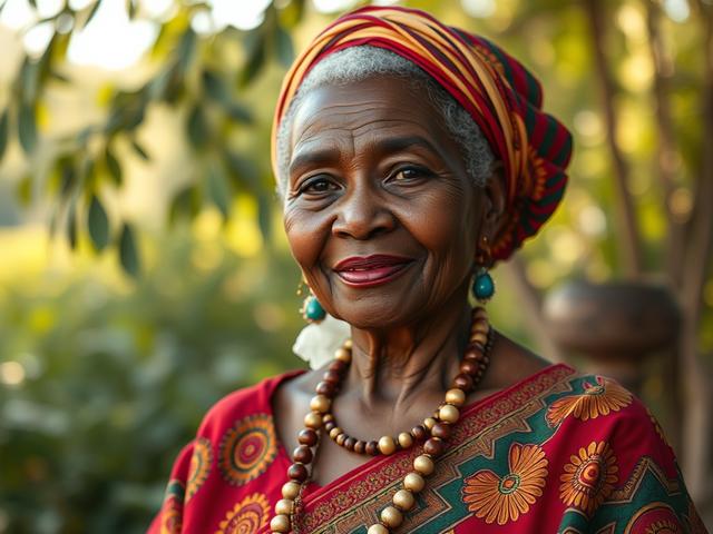 **AI Image Generation Prompt:**

Create a realistic high-resolution photo focusing on a single elderly woman, a wise African matriarch, positioned centrally in the frame, embodying the essence of spiritual tradition and generational wisdom. She should be dressed in vibrant, traditional African attire, adorned with cultural jewelry that highlights her connection to her heritage. Her expression should be warm and inviting, exuding a sense of peace and empowerment.

The background should feature a softly blurr