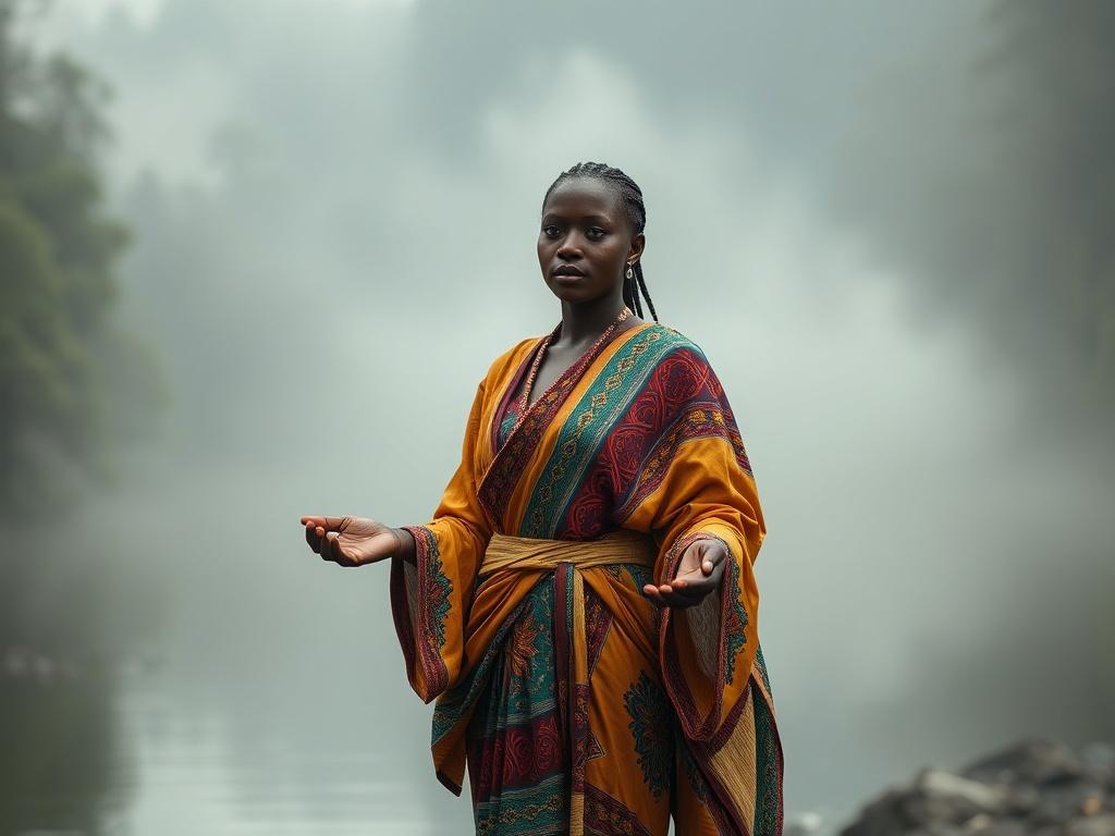 **AI Image Generation Prompt:**

Create a hyper-realistic, high-resolution photo that embodies the theme "When Your Ancestors Stop Whispering and Start Demanding: A Wake-Up Call From the Other Side." The image should focus on a single, contemplative figure—a person of African descent, standing with a serene but determined expression. They should be positioned slightly off-center, allowing the viewer to connect with their gaze. 

The subject should be dressed in a flowing, culturally inspired garment that re