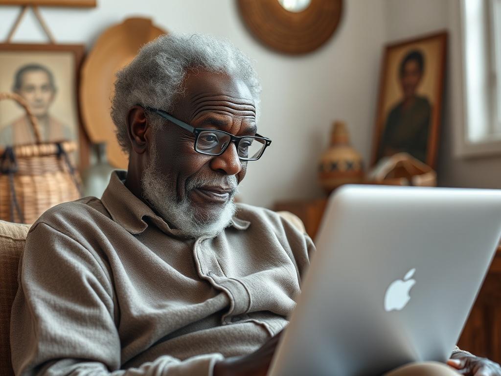 **AI Image Generation Prompt:**

Create a realistic high-resolution photograph that embodies the essence of "The Elder's Guide to Creating a Digital Legacy in 5 Simple Steps." The composition should be simple and clear, featuring a wise and experienced elder as the sole subject. The elder should be portrayed as a Black male or female, seated comfortably in a tranquil and serene environment that reflects a blend of modern technology and traditional wisdom. 

The background should include elements symbolizing