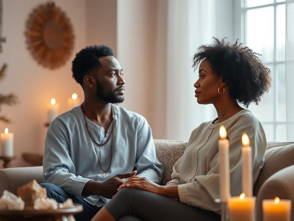 A serene setting showcasing a practitioner engaged in a one-on-one spiritual guidance session with a client. The practitioner, a person of African descent, is seated comfortably, surrounded by crystals and candles, creating a warm and inviting atmosphere. The client, also of African descent, appears reflective and engaged, with a thoughtful expression. The background features soft, natural light filtering through a window, enhancing the peaceful ambiance. The overall composition focuses on the connection an