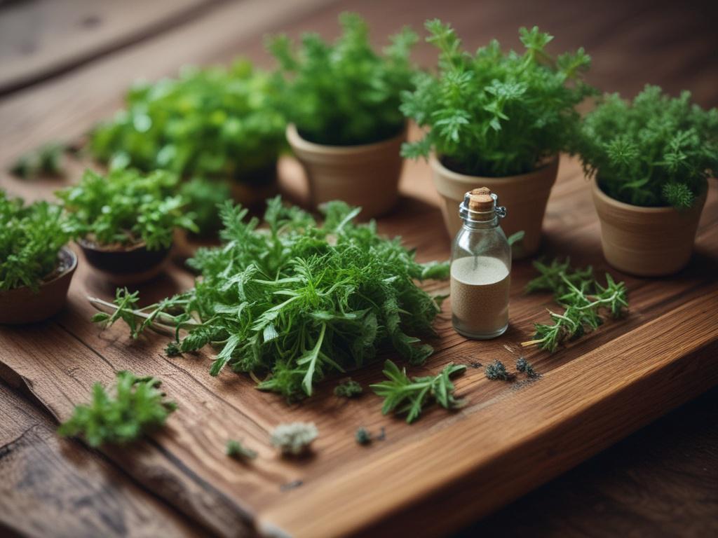 A vibrant close-up of an array of fresh herbs and plants displayed on a rustic wooden table. The focus is on a practitioner measuring herbs for a remedy, with natural light illuminating the rich textures and colors of the plants. The background is softly blurred, highlighting the beauty and diversity of nature’s offerings.