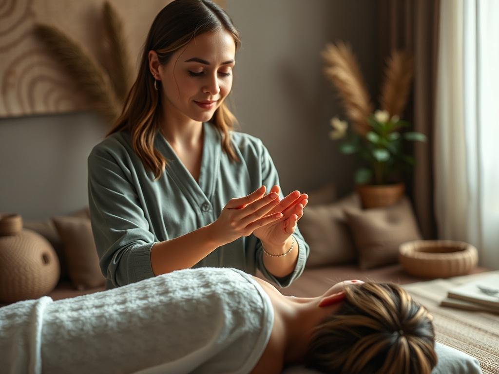 Create a realistic high-resolution photo that embodies the theme of "Harnessing the Power of Reiki for Healing." The focal point of the image should be a serene female practitioner in a peaceful indoor setting engaged in a Reiki session. She should have an aura of calmness and compassion, with soft, natural lighting illuminating her features. Her hands should be gently hovering above a reclined client who appears relaxed and at ease, embodying a sense of tranquility.

The background should be composed of mu