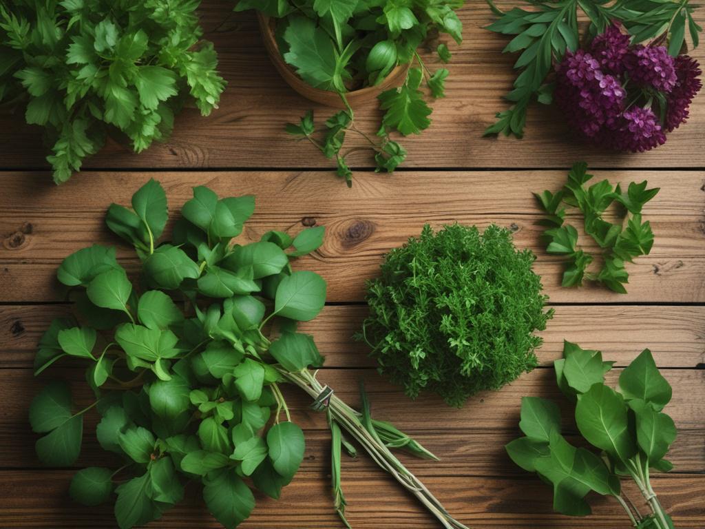 A visually striking close-up of a selection of fresh herbs displayed on a rustic wooden table. The focus is on vibrant green leaves and colorful flowers, showcasing the beauty of nature’s remedies. The background is softly blurred, creating a warm and inviting atmosphere that highlights the essence of herbalism.