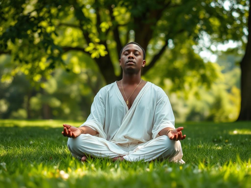 **AI Image Generation Prompt:**

Create a realistic high-resolution image that captures the essence of a contemplative journey on spirituality, reflecting the themes of "Beyond the Mask: The Real Spiritual Costs of Masonry, Sororities, and Black Fraternities." The image should feature a solitary figure, a person of African descent, sitting cross-legged on a lush green lawn, symbolizing peace and introspection. They should wear simple, flowing white garments that convey purity and openness to spiritual growt