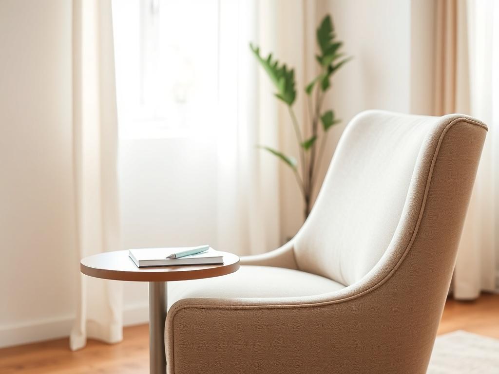 A serene and inviting space designed for neurolinguistic programming sessions, featuring a comfortable armchair and a small table with a notebook and pen. The background should have soft, calming colors, with natural light coming through a window. The focus is on the chair, suggesting a warm and welcoming environment for personal growth and transformation.