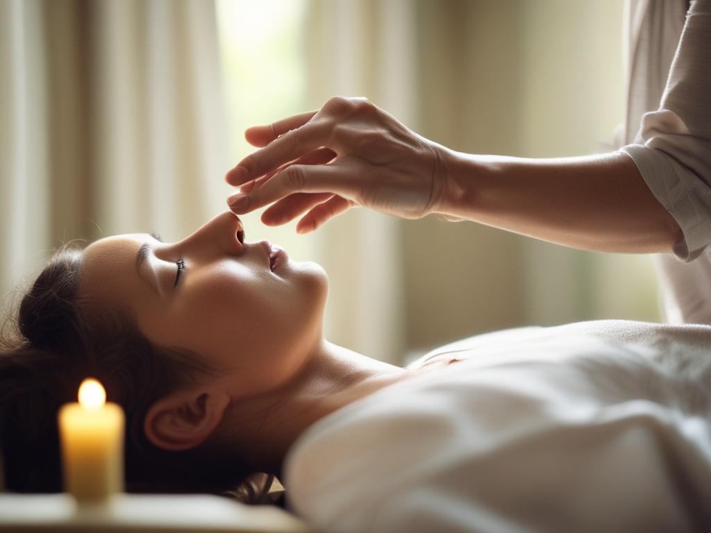 A serene setting for a Reiki healing session, featuring a calm and peaceful atmosphere. The focus is on a practitioner gently placing their hands above a client's body, radiating soft, glowing energy. The background is softly blurred with natural light filtering through, creating a tranquil ambiance. The practitioner is of African descent, showcasing the cultural connection to healing traditions. The client appears relaxed and at peace, embodying the essence of healing and restoration.