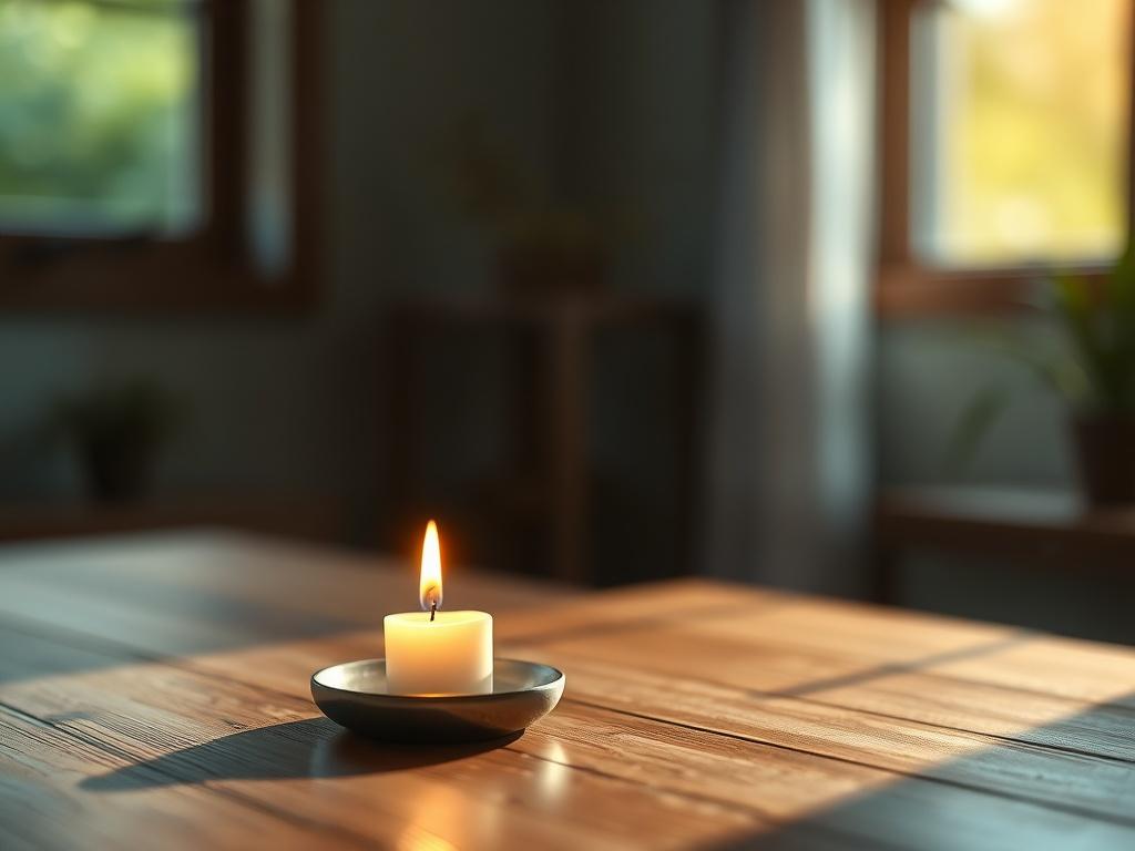 Create a realistic high-resolution photo of a serene, meditative space featuring a single candle flickering softly on a wooden table. The background should be slightly blurred, focusing on the candle, with natural light filtering through a window, casting gentle shadows. The overall composition should evoke a sense of tranquility and spiritual connection, using a 45mm f/1.2 lens style.