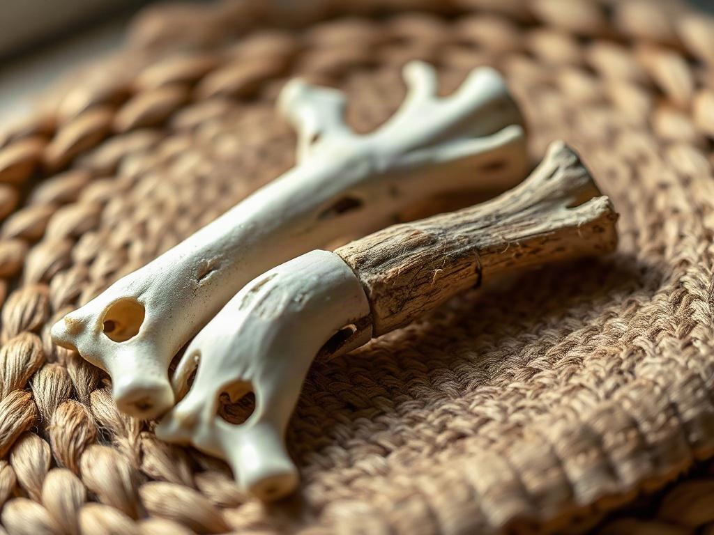 **AI Image Generation Prompt:**

Create a hyper-realistic, high-resolution photograph of a single, intricately arranged display of animal bones used in a traditional luck powder recipe. The focus should be on three distinct bones representing a frog, a pig, and a rabbit, showcasing their unique shapes and textures. Arrange these bones artistically on a woven natural fabric, symbolizing the sacredness of the ingredients.

The background should be softly blurred, featuring earthy tones and subtle textures tha