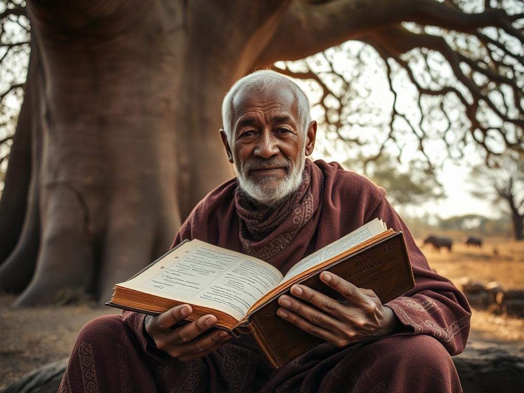**AI Image Generation Prompt:**

Create a highly realistic, high-resolution photo that captures the essence of the blog titled "Are Oral Traditions Dead? Why Digital Archives Are Saving African Wisdom." The composition should be simple and clear, featuring a single subject: an elderly African storyteller sitting under the shade of a large baobab tree, embodying the rich heritage of oral traditions. The storyteller, with a warm and wise expression, should be adorned in traditional clothing, symbolizing cultu