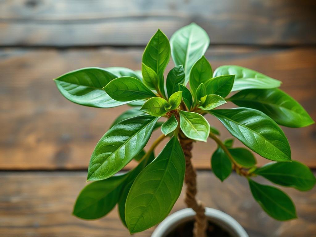 **AI Image Generation Prompt:**

Create a realistic, high-resolution photograph that features a single, lush green plant known for attracting luck, protection, clarity, and prosperity. Focus on a close-up shot of a vibrant Money Tree (Pachira aquatica), showcasing its glossy leaves and braided trunk to emphasize its symbolism of wealth and good fortune. 

The composition should be simple and clear, with the plant centered in the frame, allowing viewers to appreciate its intricate details. Illuminate the pla