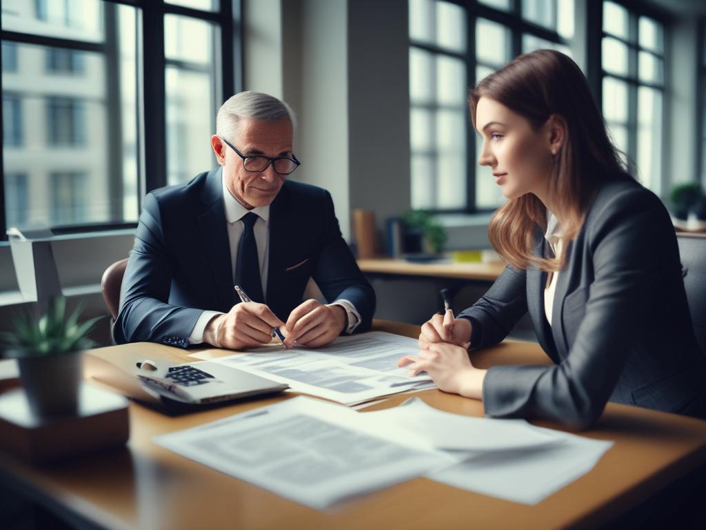 A hyper realistic close up of a financial advisor discussing