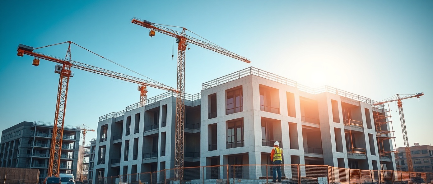 Professional construction site with modern building
