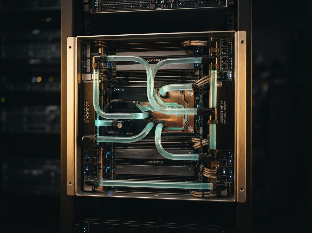 Close-up of Canyon Mirage liquid cooling infrastructure with turquoise coolant tubes running between sleek server blades