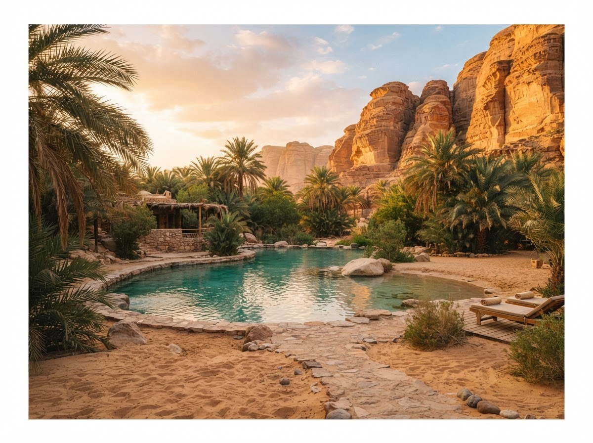 Serene desert oasis at golden hour with turquoise water surrounded by palms and sandstone — the inspiration behind Canyon Mirage
