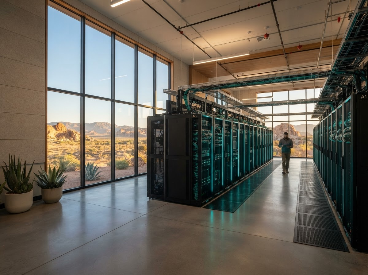 Eco-friendly Canyon Mirage server room with turquoise LED accents and warm golden light from desert-facing windows