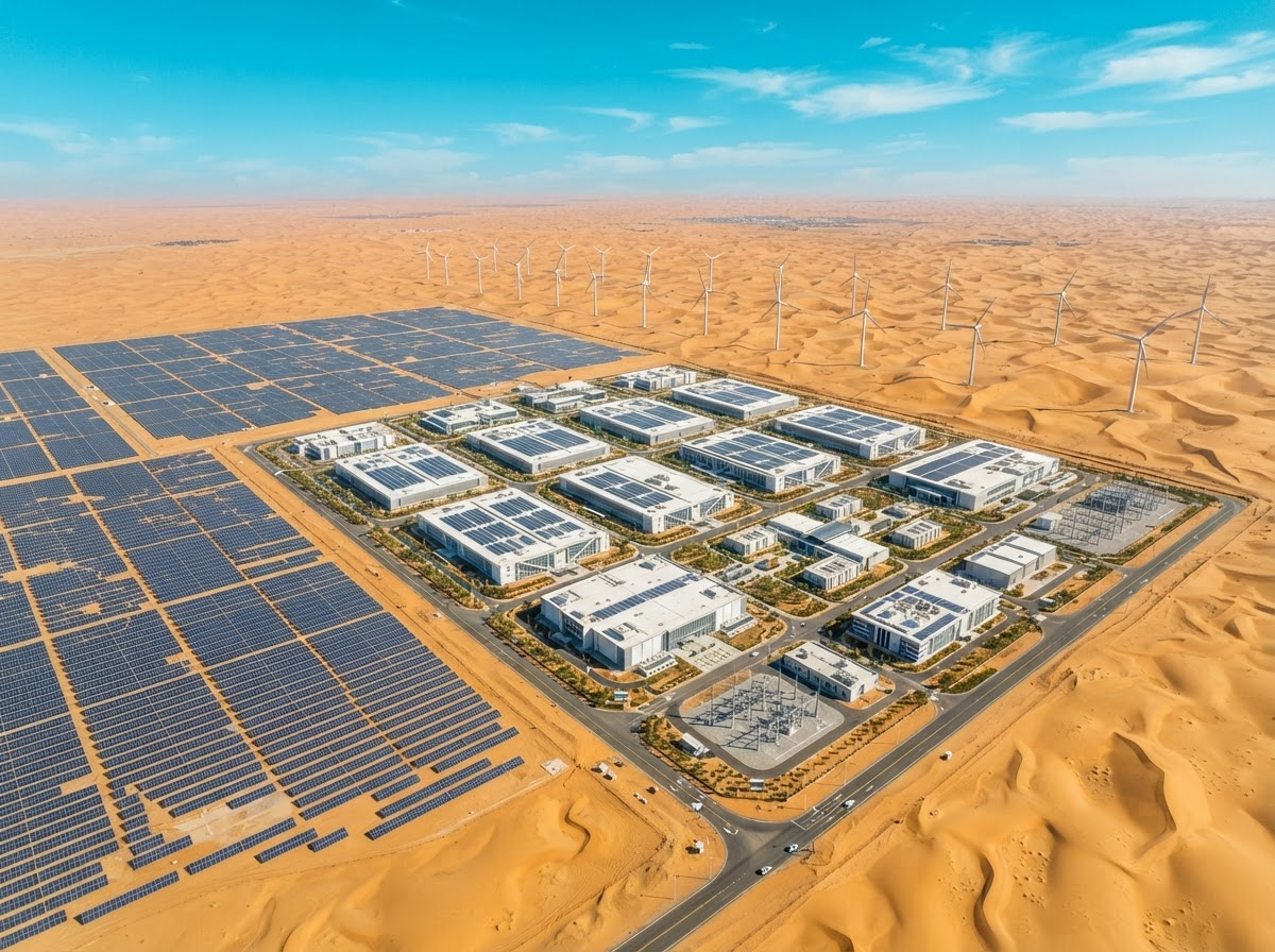 Aerial view of Canyon Mirage's sustainable desert data center campus with solar fields and wind turbines among sand dunes