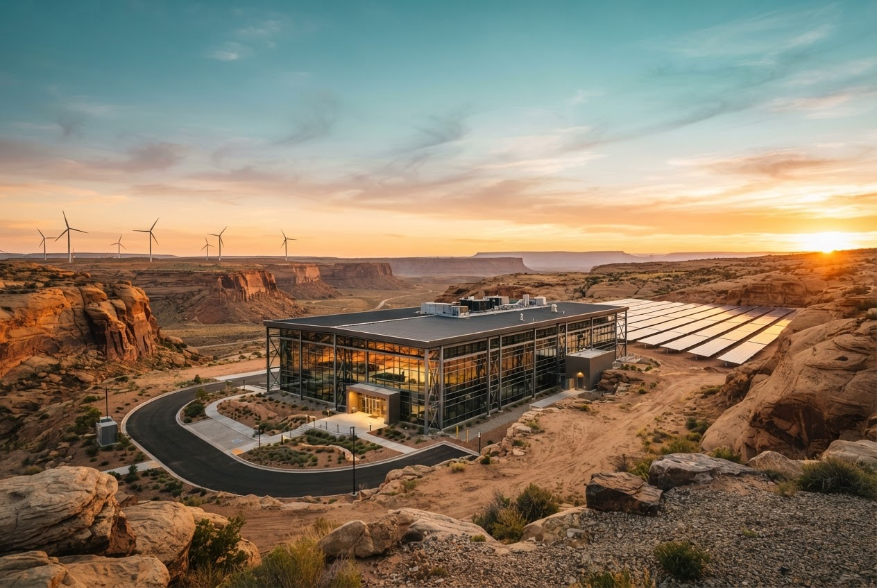 Solar-powered Canyon Mirage data center in a golden desert canyon at sunset, with wind turbines on distant mesas