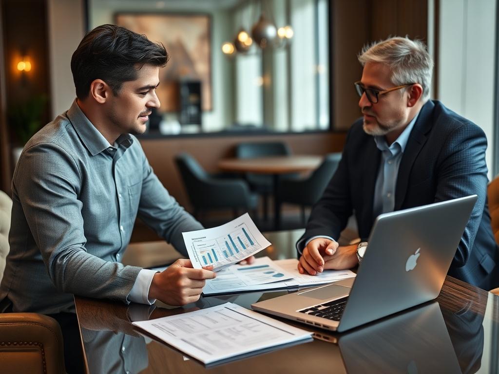 An advisor discussing compliance strategies with a business owner in an upscale meeting room. The image should capture both individuals engaged in conversation, with compliance documents and a laptop open, showcasing data analysis. The background should convey sophistication and professionalism, shot with a 45mm f/1.2 lens.