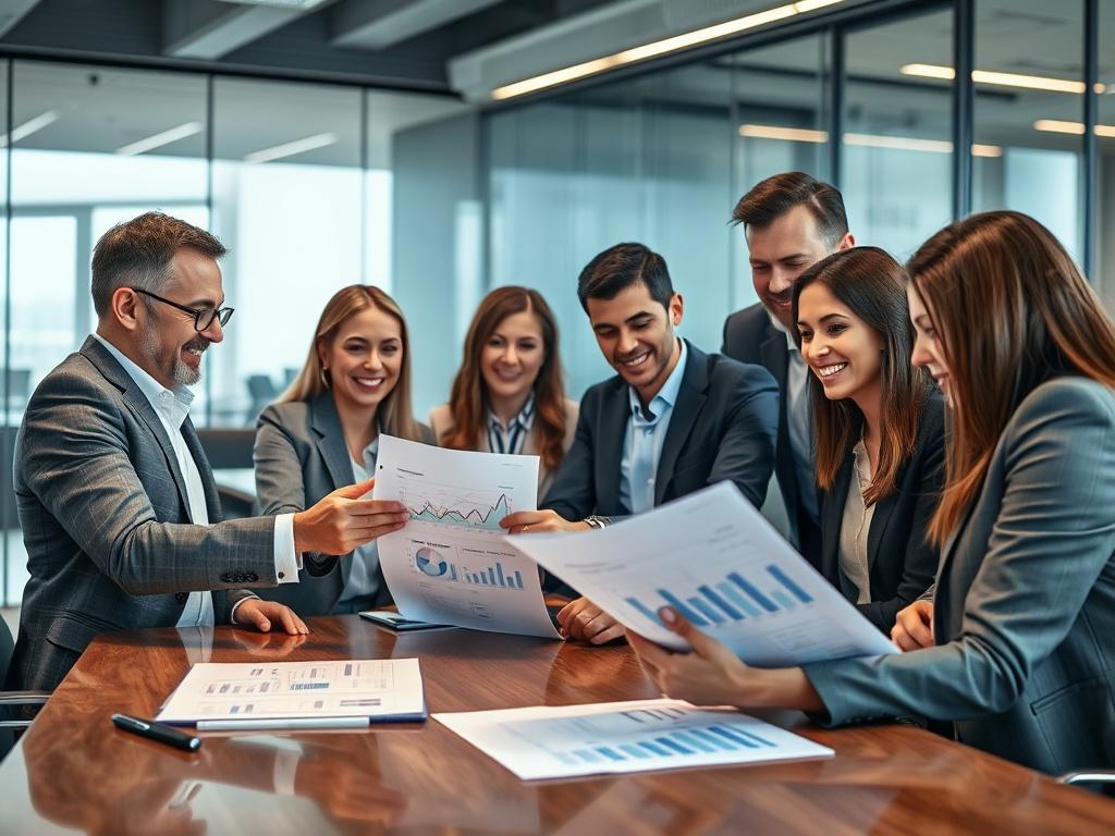 A confident business team reviewing documents related to market entry in a modern office environment. The scene should include diverse professionals engaged in discussion, with charts and graphs on the table, showcasing market analysis. The background should be a sleek office space, softly lit, conveying a professional atmosphere, shot with a 45mm f/1.2 lens.