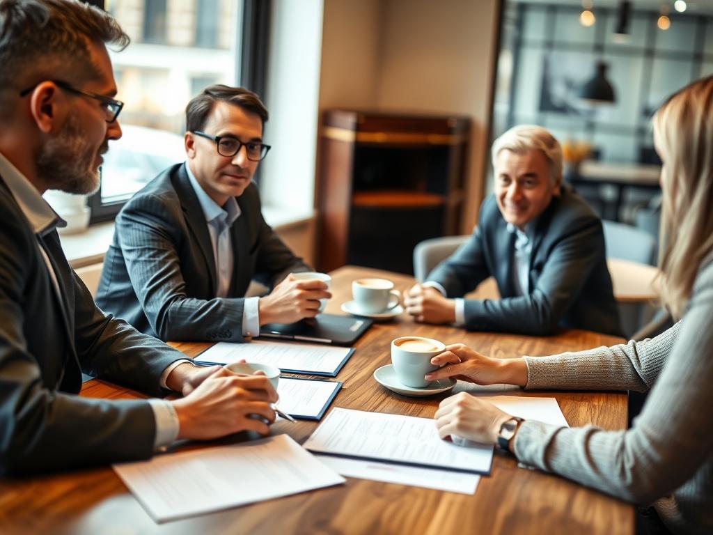 A local partner meeting with international business representatives over coffee. The focus should be on collaboration and partnership, with documents visible on the table. The setting should be warm and inviting, reflecting a successful business relationship, shot with a 45mm f/1.2 lens.