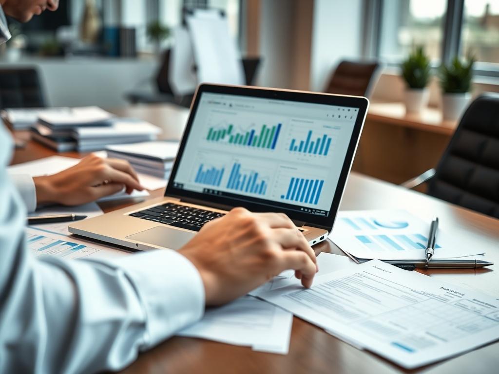 Close-up shot of a business analyst reviewing data and reports on a laptop, with documents scattered on a desk, in a contemporary office environment.